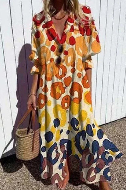 Ruched Button Down Balloon Sleeves Printed Maxi Dress