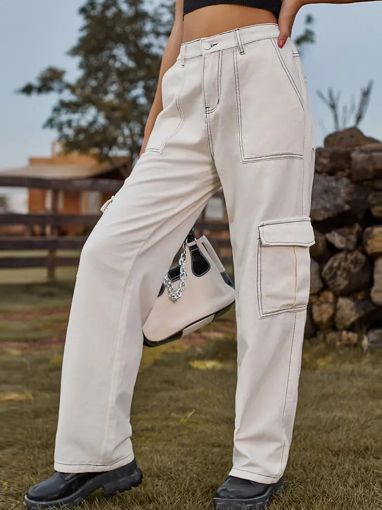 Elastic Waist Relaxed Fit Denim Cargo Pants