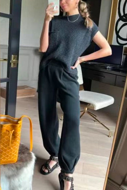 Mockneck Short Sleeves Top Pocketed Harem Pants Knitting Set