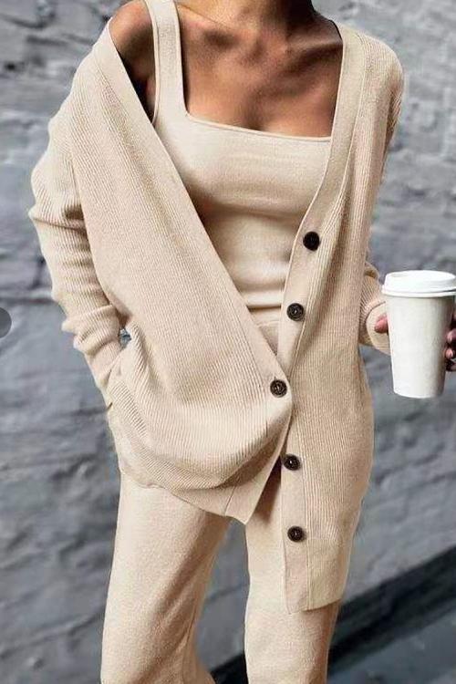 Wide Strapes Tank Top Button Down Cardigan and Long Pants 3 Pieces Loungewear Set