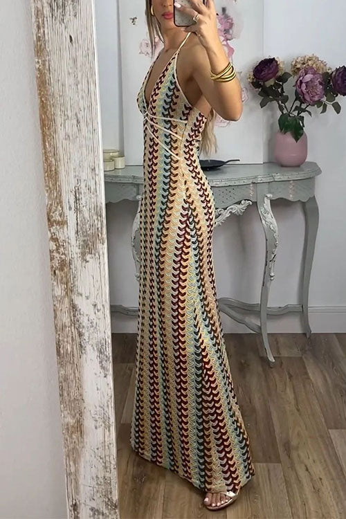 Moxidress Halter V Neck Backless Color Block Crochet Maxi Dress