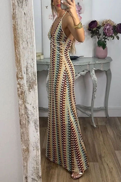 Moxidress Halter V Neck Backless Color Block Crochet Maxi Dress