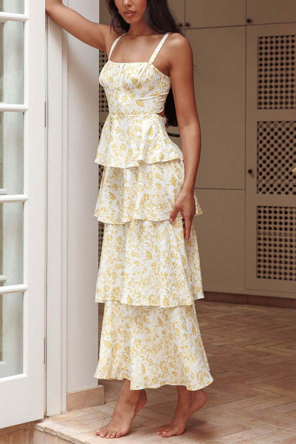 Print Tie-up Tiered Midi Dress