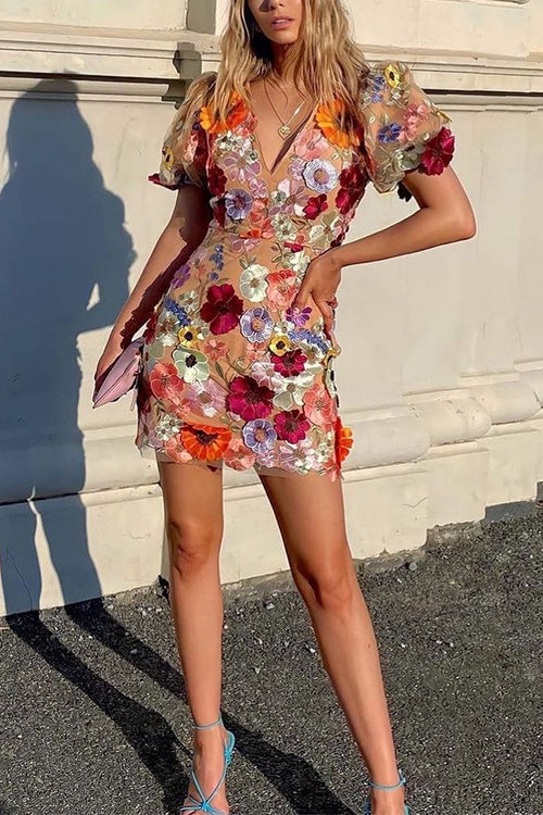 V Neck Puff Sleeves Embroidered Mini Dress