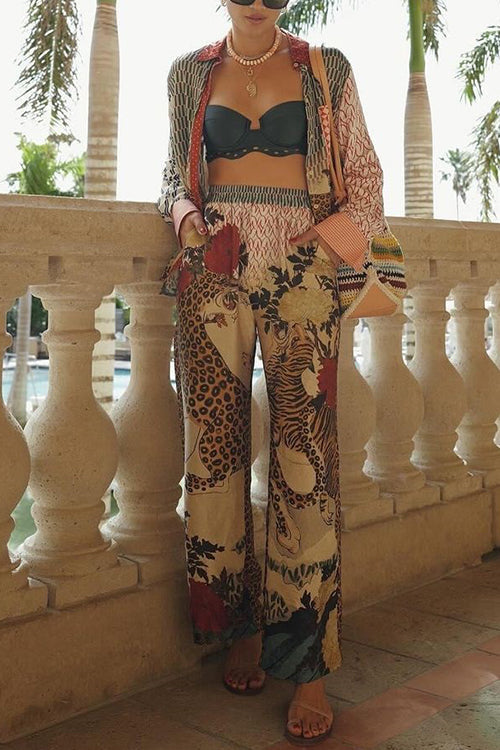 Long Sleeves Button Down Shirt Elastic Waist Wide Leg Pants Leopard Set