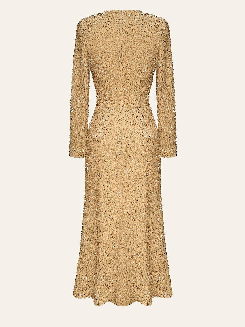 Sequin Decorated Velvet Midi Dress in Beige