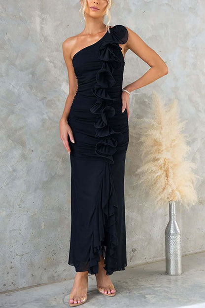 Moxidress One Shoulder Slit Ruffle Mesh Maxi Dress