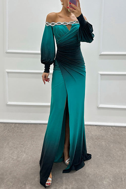 Off Shoulder Ruched Waist Gradient Tie Dye Wrap Maxi Dress