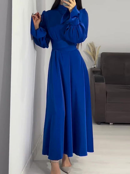 A-line Long Sleeves Pleated Color Tied Waist Zipper Mock Neck Maxi Dresses