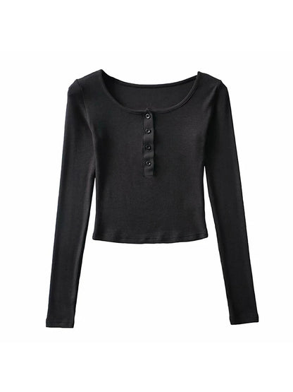 ’s Spring Autumn Slim Crop Tops Color Long Sleeve Button Down T-shirt Basic Tee Harajuku Tops