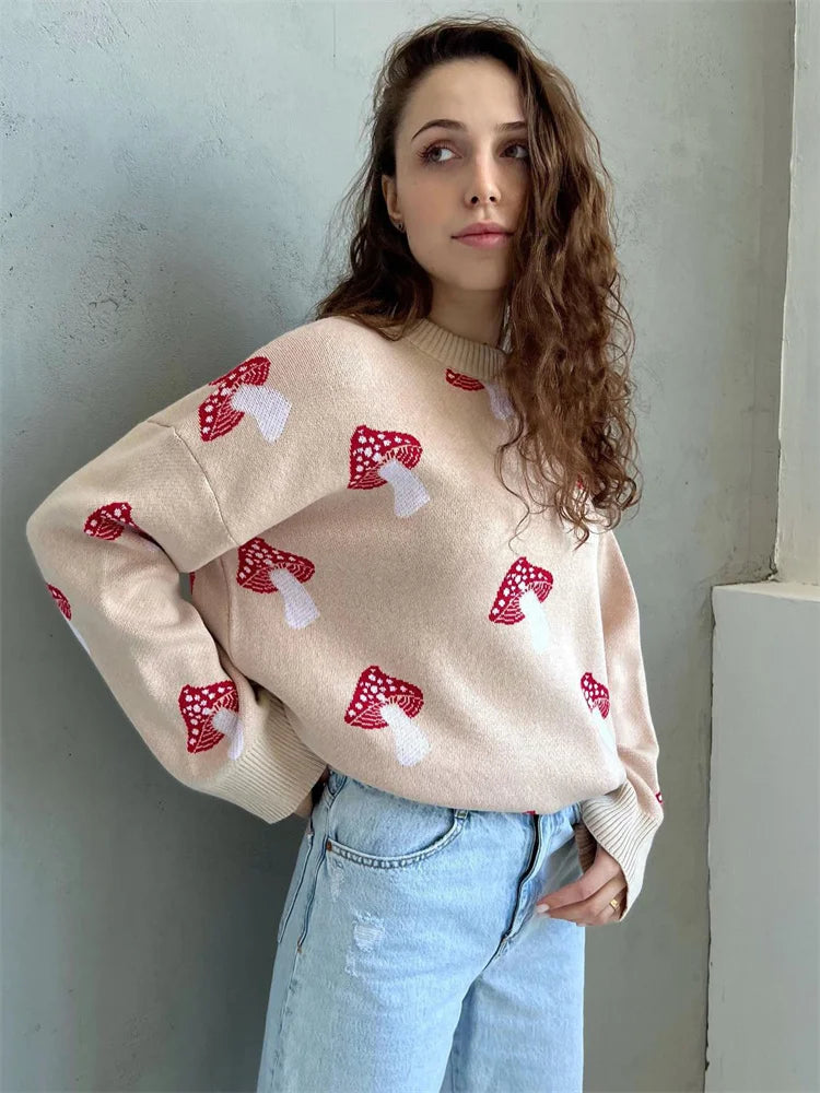 Black Printed Sweater Pullover Knit Long Sleeve Loose Contrast Autumn Female Pullover Knitwear