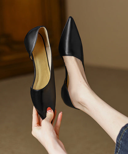 Black Cowhide Leather Splicing Flat Shoes for