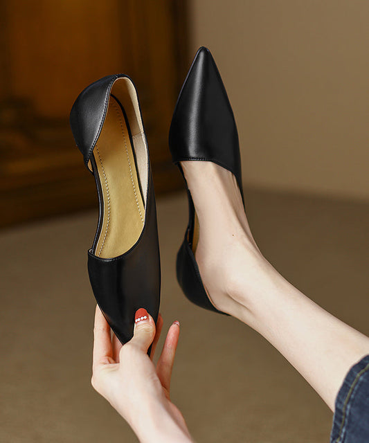 Black Cowhide Leather Splicing Flat Shoes for
