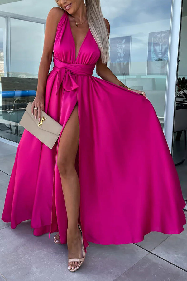 Different Effects Satin Free Tie Neck Slit Maxi Dress