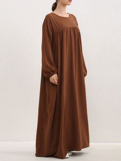 Long Sleeves Loose Pleated Color Split-joint Round-neck Maxi Dresses