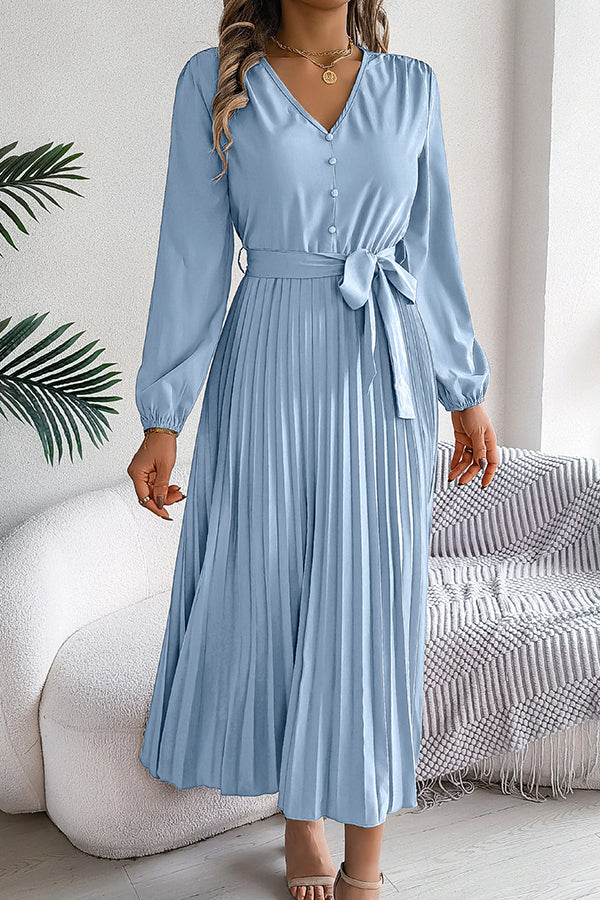 Color V-neck Buttoned Lace-up Pleated Maxi Dress