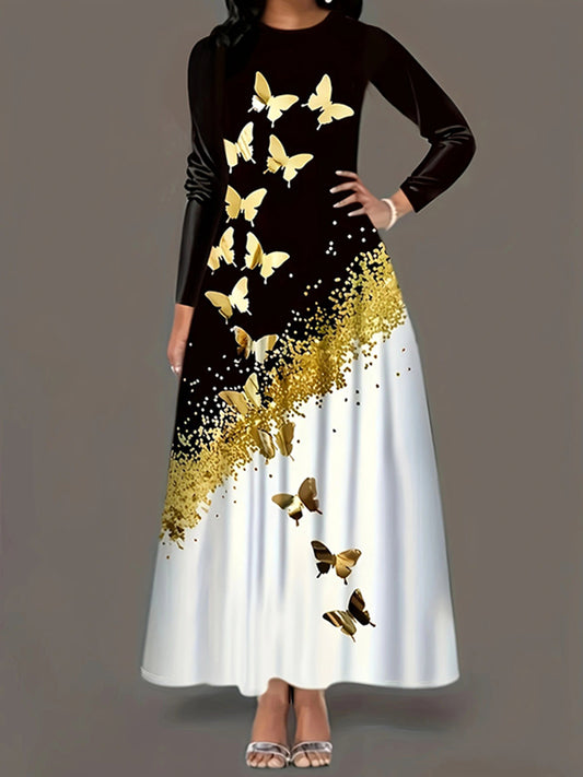 A-line Long Sleeves Butterfly Print Pockets Round-neck Maxi Dresses