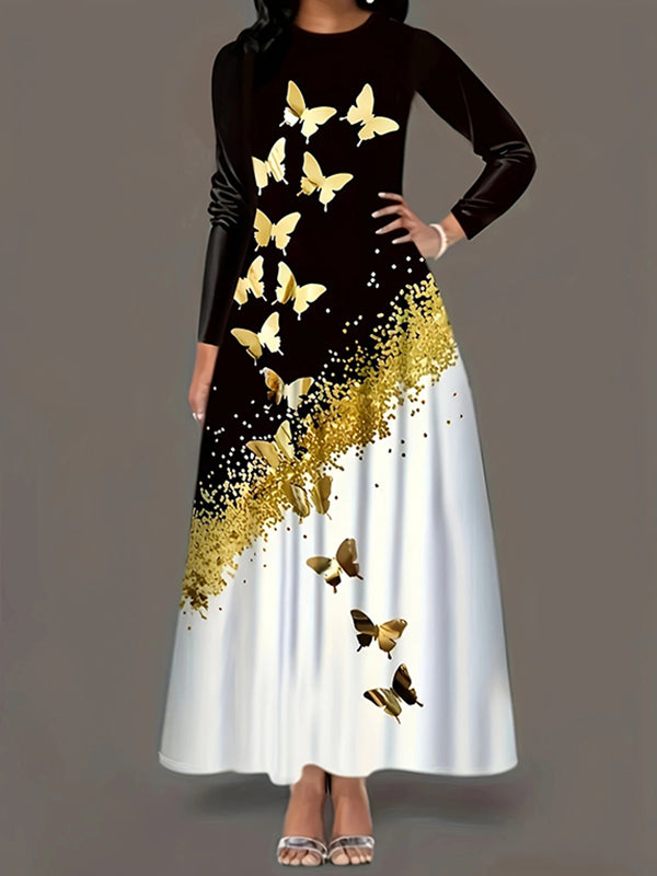 A-line Long Sleeves Butterfly Print Pockets Round-neck Maxi Dresses