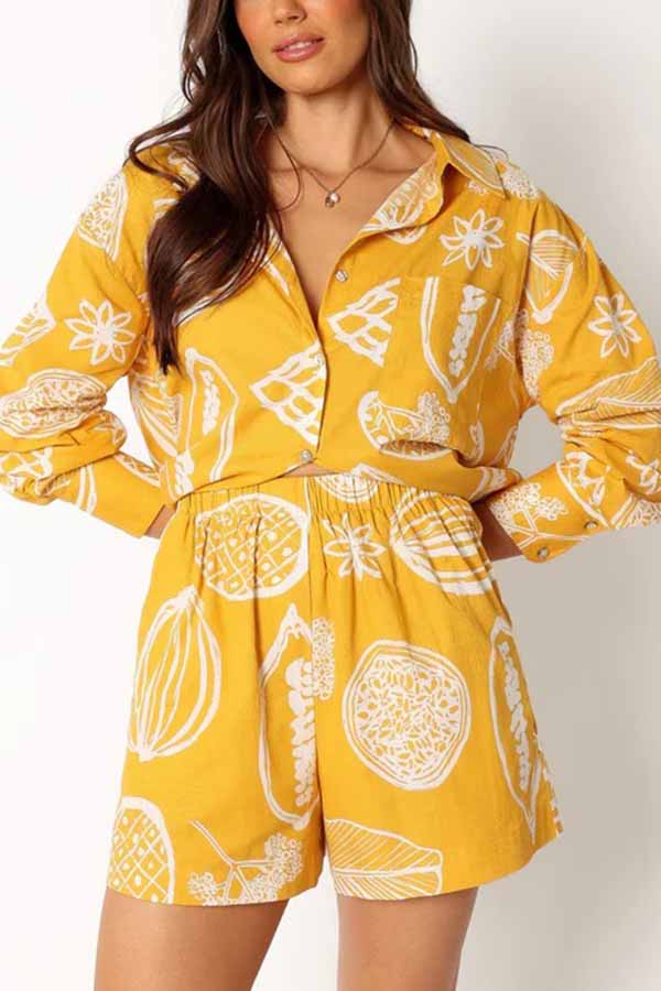 Parkside Tropical Fruit Print Loose Shirt and Elastic Waist Pocketed Shorts Set