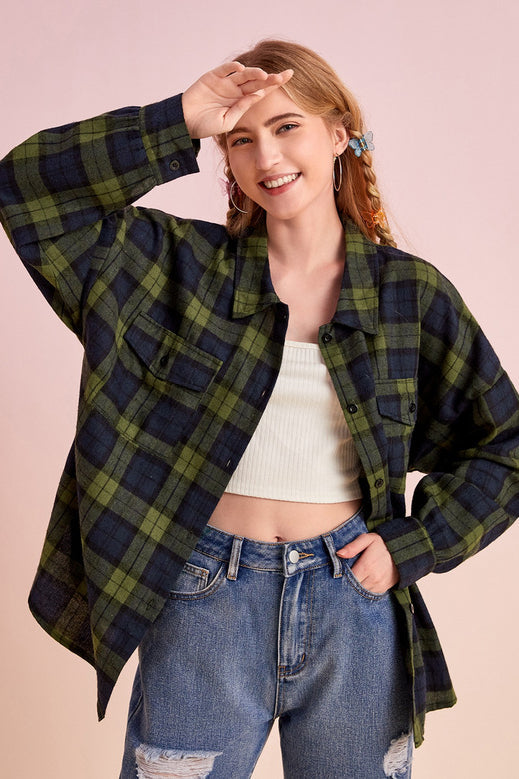 Plaid Stand Collar Button Shirt Blouse