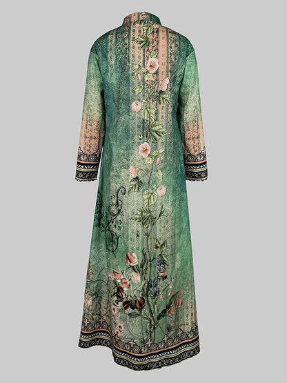 Long Sleeves Loose Buttoned Flower Print Split-joint Lapel Maxi Dresses Outerwear Shirt Dress