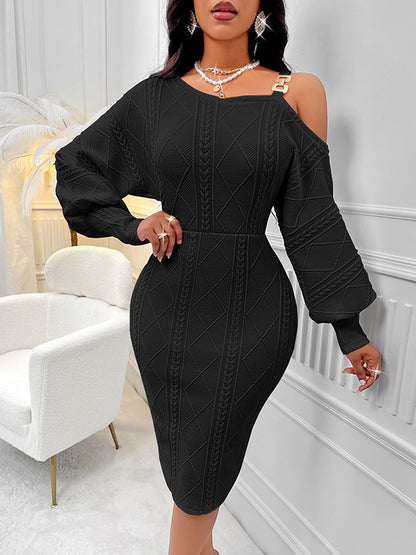 Bodycon Long Sleeves Color Split-joint Cold Shoulder Midi Dresses