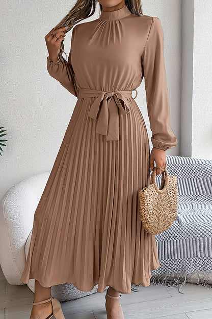 Stand-collar Long-sleeve Waisted Tie-up Pleated Midi Dress