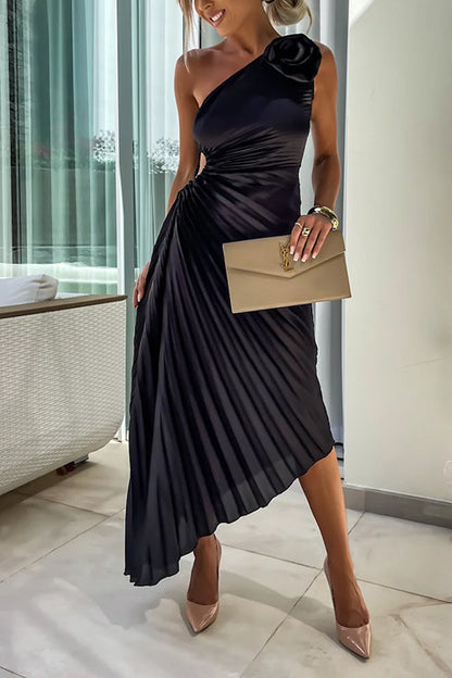 3d Rose One Shoulder Cut Out Waist Asymmetric Hem Pleated Maxi Dress