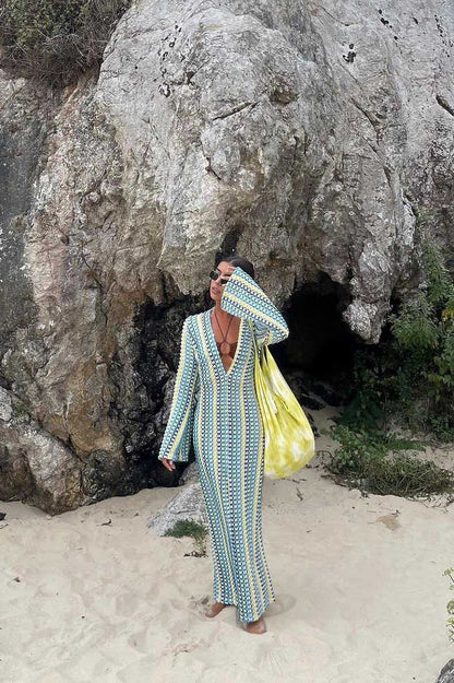 V Neck Bell Sleeve Wavy Striped Crochet Beach Vacation Maxi Dress