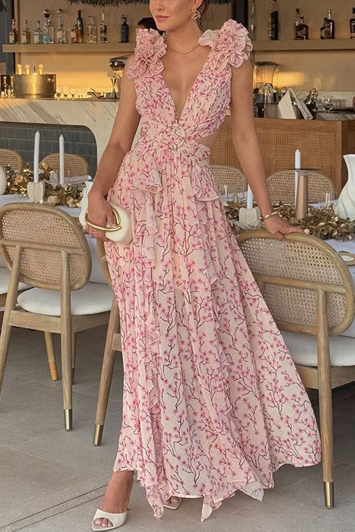 Deep V Neck Sleeveless Cut Out Print Ruffle Maxi Dress