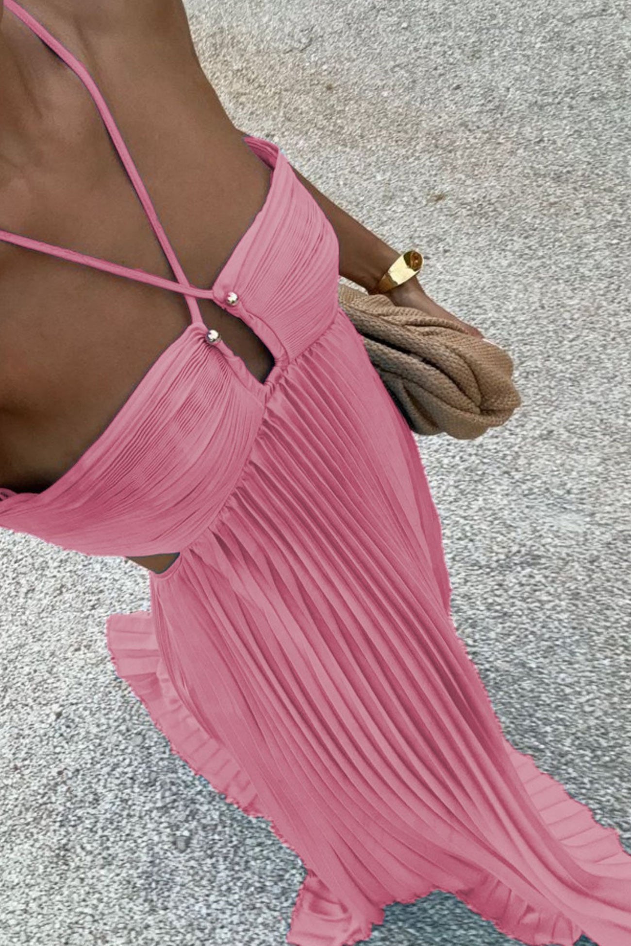 Halterneck Cutout Pleated Maxi Dress