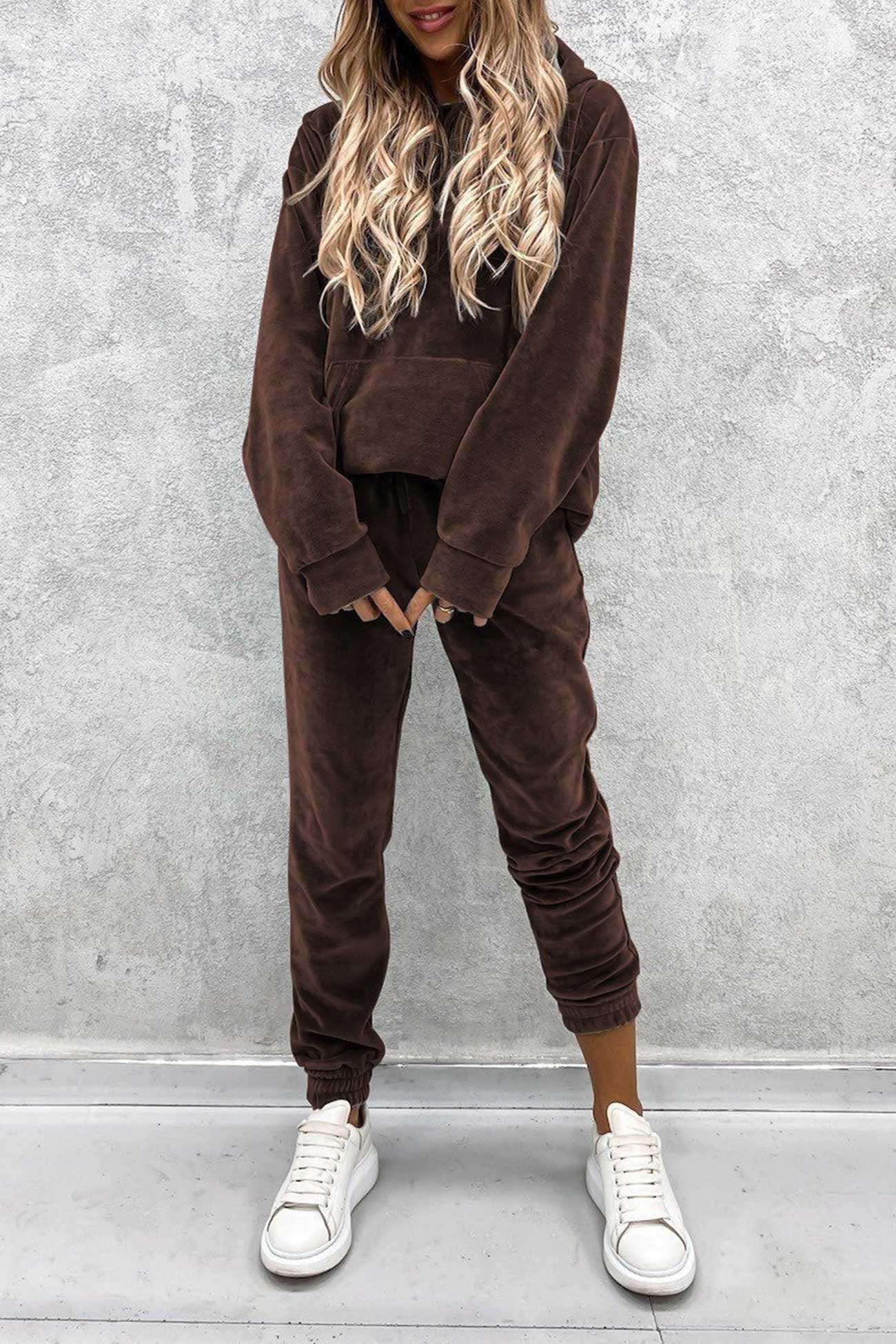 Velour Color Hoodie Long Pants Set