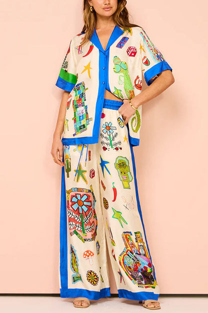 Graffiti Print Short Sleeves Blouse Shirt Drawstring Waist Wide Leg Pants Satin Set