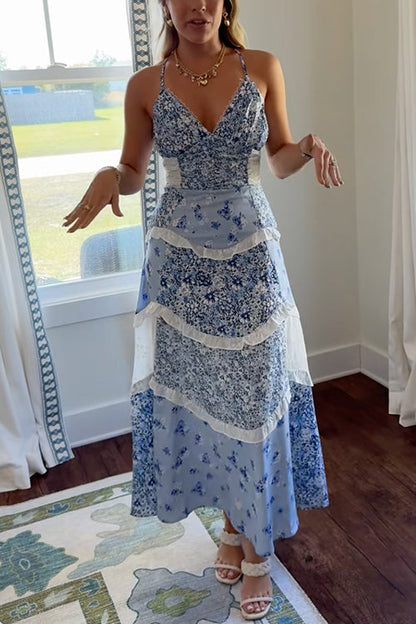 Moxidress Spaghetti Strap V Neck Print Ruffle Tiered Maxi Dress