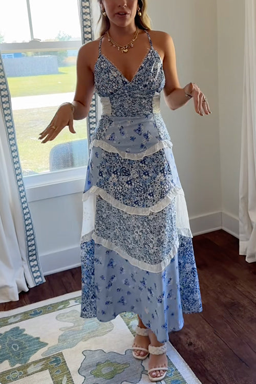 Moxidress Spaghetti Strap V Neck Print Ruffle Tiered Maxi Dress