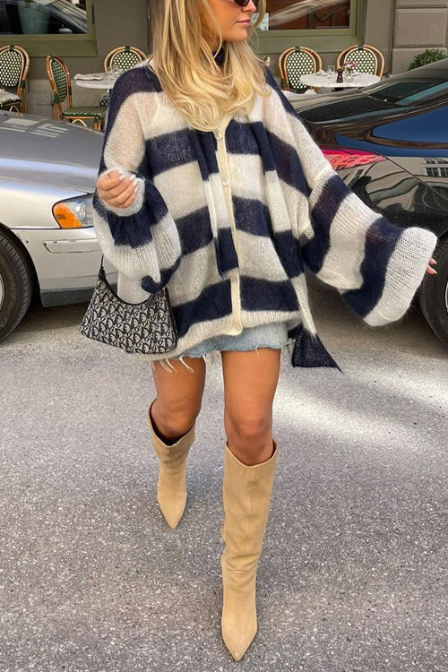 Moxidress Lantern Sleeves Button Down Color Block Stripes Sweater With Scarf