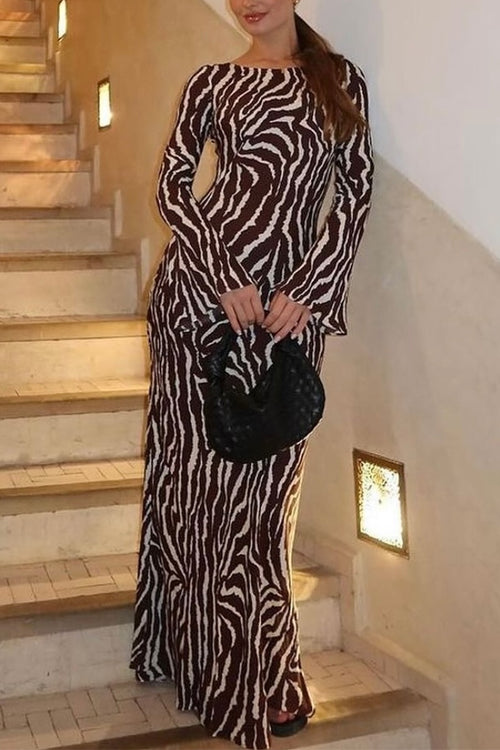 Moxidress Boat Neck Bell Sleeves Animal Print Maxi Dress