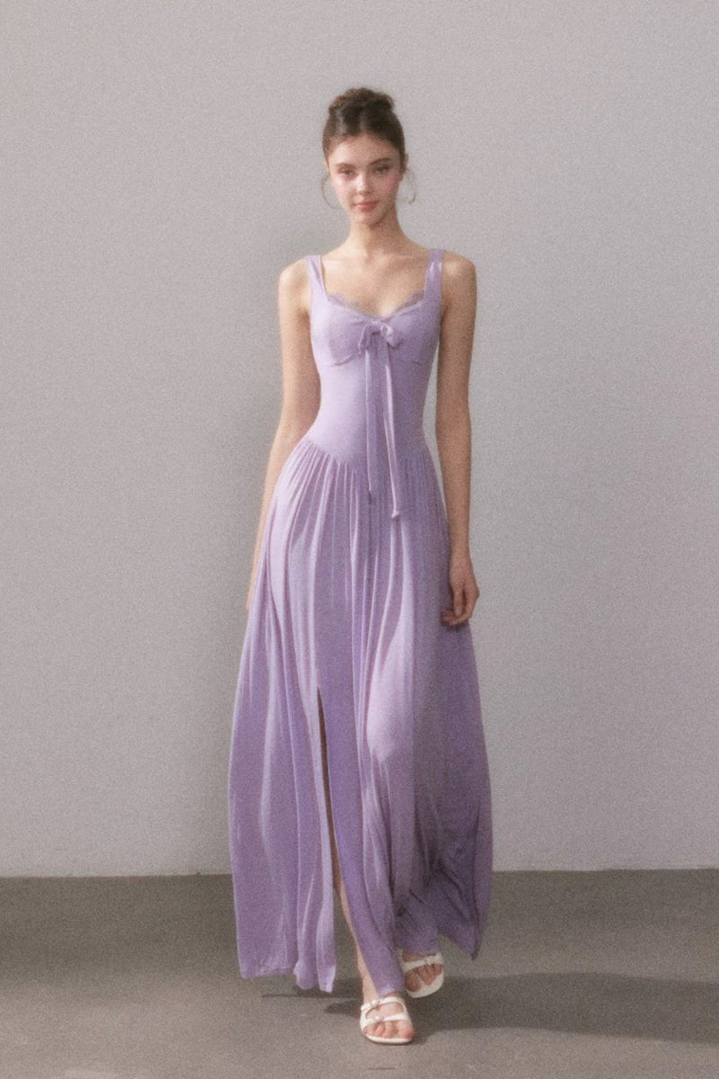 Lace Knit Cami Slit Flowy Maxi Dress