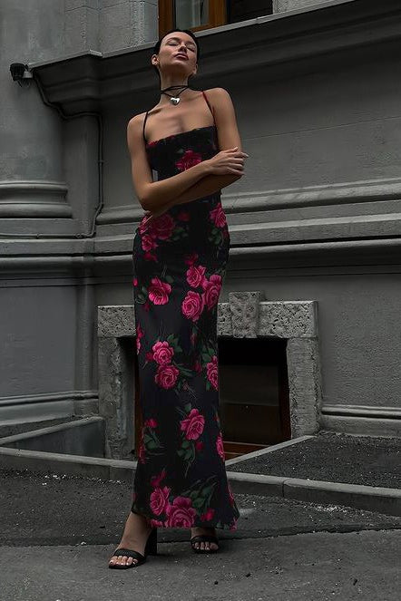 Print Backless Tie Maxi Dress