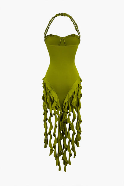 Color Ruffle Tassel Halter Bustier Mini Dress