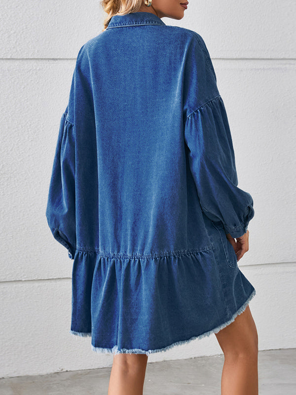 Long Sleeves Loose Buttoned Fringed Pleated Pockets Split-joint Lapel Mini Dresses