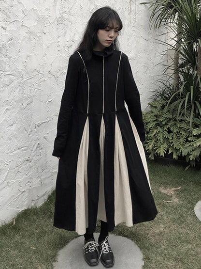 Original Contrast Color Split-joint High-neck Midi Dress