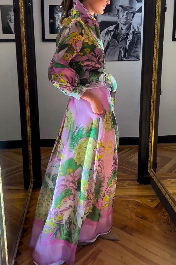 Seeds of Happiness Tulle Print Balloon Sleeve Belt Blouse