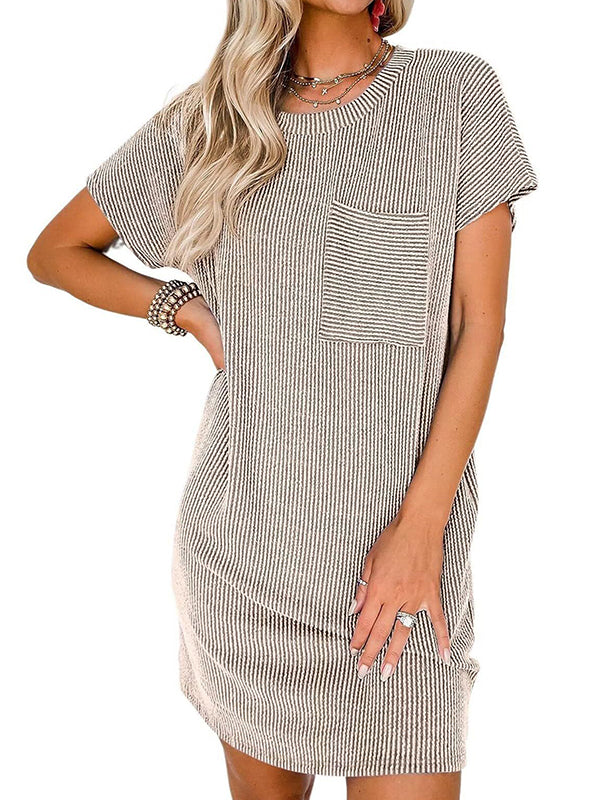 A-line Loose Contrast Color Pockets Split-joint Striped Round-neck Mini Dresses