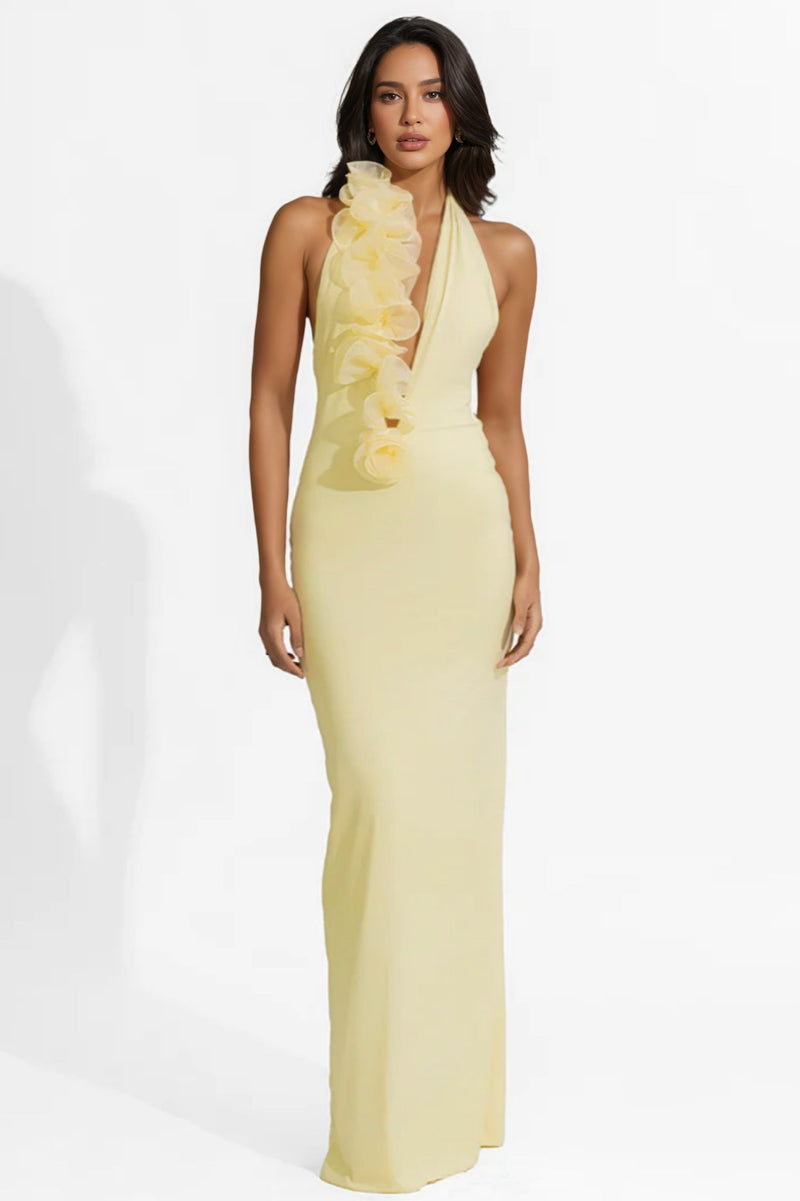 Dakod Yellow 3d Backless Maxi Dress