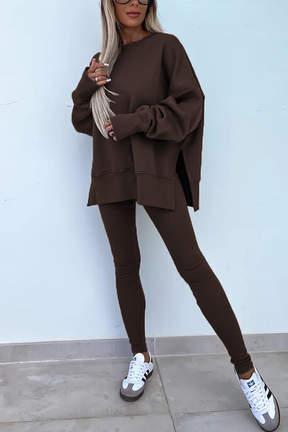 Color Loose Long Sleeve Slitsweatshirt and Elastic Waist Tight Pants Set