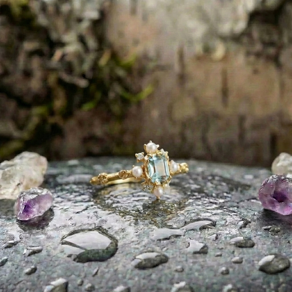 Vintage Sky Blue Gem Pearl Ring