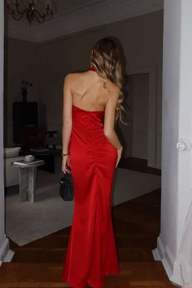 Sleeveless Halter Backless Satin Fishtail Bodycon Maxi Dress