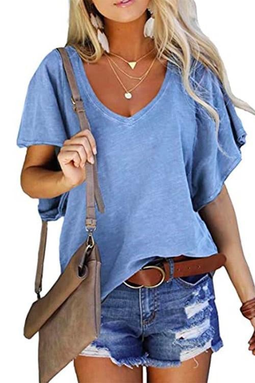 V Neck Ruffle Short Sleeve T-shirt
