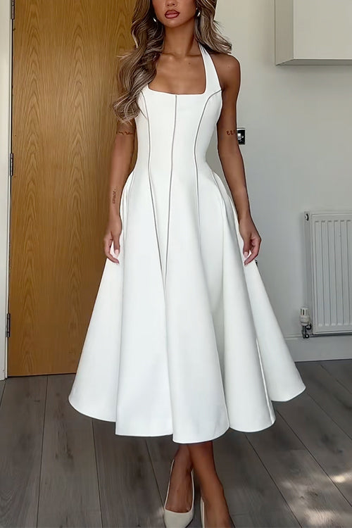 Halter Neck Backless Hollow Out Swing Midi Dress